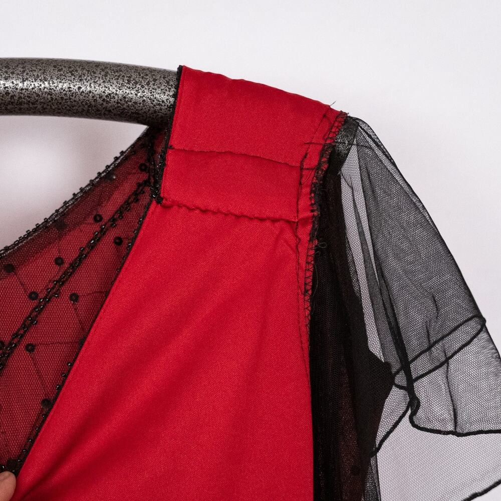 Whimsigoth Dark Fairy Maxi Dress MEDIUM Red Black Netting Beaded Sequins Sheer - Picture 7 of 8